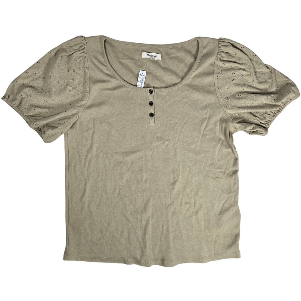 Madewell Olive Green Eyelet Puff-Sleeve Henley Top